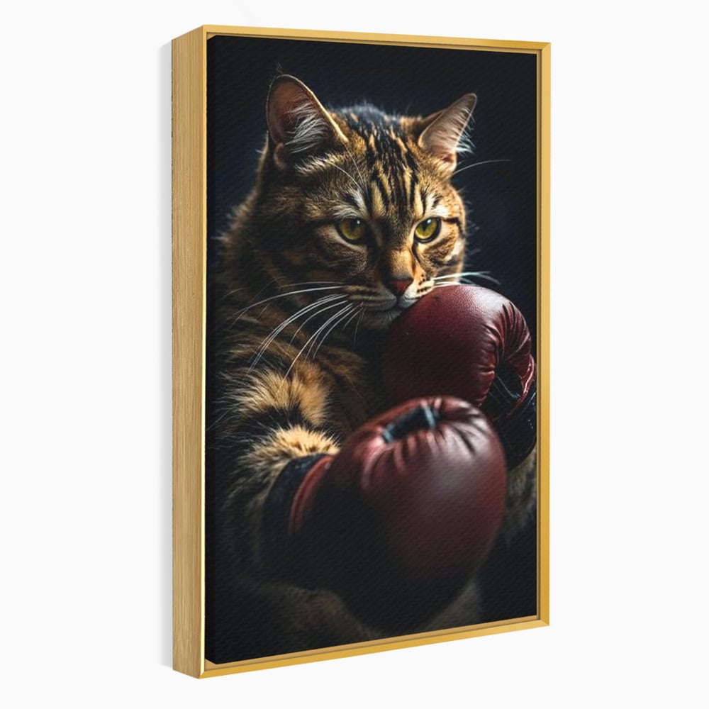 Tablou canvas cu tablou canvas cu motan boxer, in rama de aluminiu auriu